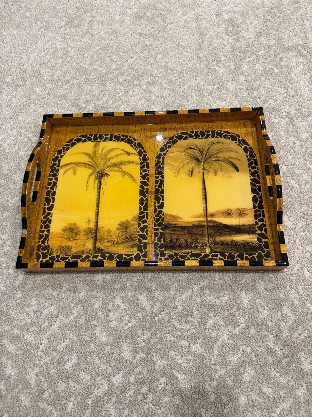 Tropical Palm-Arch Vanity Tray in Yellow and Brown